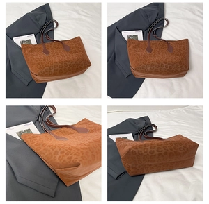 Detail view of large leopard print tote bag with dark brown straps in multiple angles