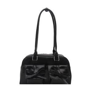 Minimalist black glossy shoulder bag with twin front pockets and decorative leather bows