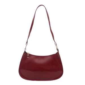 Glossy deep red patent leather hobo bag with gold zipper for women's modern style