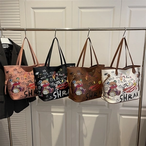 Graffiti Print PU Leather Tote Bag For Women Large Capacity Retro Casual Urban Style Handbag Colorful Pattern