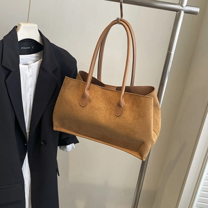 Brown suede tote bag with minimalist rectangular design for women's daily commute