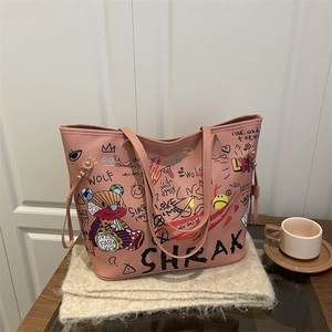 Pink lychee leather tote bag with street graffiti art and bear patches for women