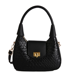 Black woven crescent hobo bag with gold twist lock and adjustable shoulder strap