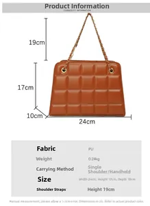 Detailed size chart of caramel quilted chain bag with dimensions 24x17x10cm