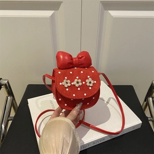 Mini sac bandoulière rouge en cuir PU pour filles avec grand nœud et fleurs en feutre