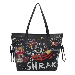 Large black graffiti tote bag with cartoon bear and street art design for women