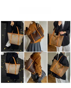 Detail view of large printed tote bags in brown and caramel shades for daily commuting