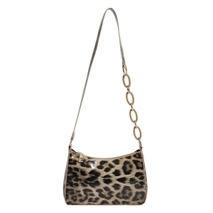 Chic leopard print shoulder bag with amber acrylic chain link strap on white background