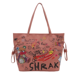 Grand sac cabas rose avec imprimés graffiti colorés et motif d'ours mignon