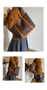 Macro detail of checkerboard pattern tote bag with reinforced brown leather straps