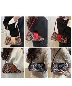 Detail shots of leopard print shoulder bags with bow accents in four classic colorways