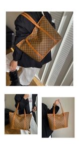 Collage of brown geometric print tote bag with leather handles in a modern setting