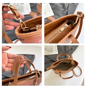 Détails d'un sac en similicuir marron avec boucles dorées et motifs graffiti stylés