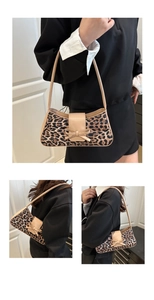 Three-angle views showing leopard print bow shoulder bag with beige leather strap detail