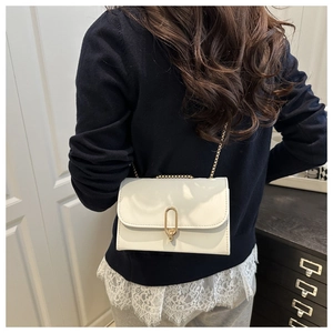 Detail of a minimalist cream-white crossbody bag with gold chain strap and metal buckle