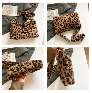 Detailed views showing the texture and structure of a trendy leopard faux fur square bag