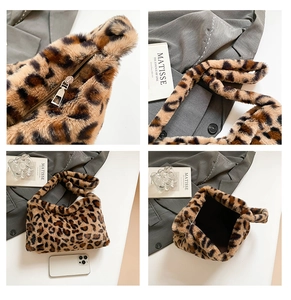 Detail shots of the leopard print plush bag showing the zipper and soft faux fur texture