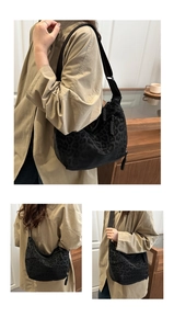 Detailed views of a black leopard print hobo bag with adjustable shoulder strap and zipper
