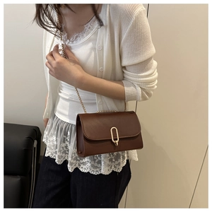 Detail of a brown crossbody bag featuring a gold oval lock and delicate chain strap