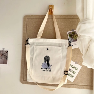Women Canvas Tote Bag Large Capacity Japanese Style Girl Illustration Print Handbag Casual Shoulder Crossbody Bag