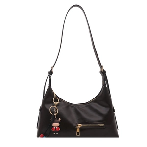 Vintage dark brown oil leather shoulder bag with adjustable strap and cute calf pendant