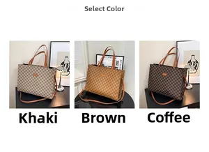 Three color variants of checkerboard tote bags with leather handles and orange logo