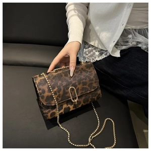 Detail of leopard print crossbody bag with gold chain strap and oval metallic buckle