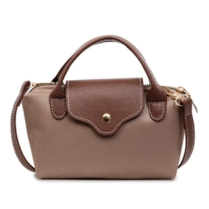 Classic small crossbody bag in khaki nylon with brown leather handles and gold buckle