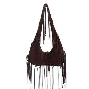 Sac fourre-tout rétro en daim marron avec longues franges bohèmes et cordon de serrage