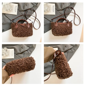 Detail shots of brown teddy faux fur tote bag with leather handles and flap