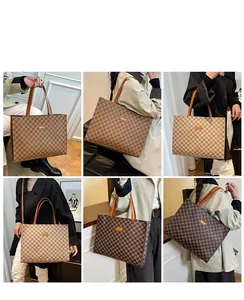Collage of model carrying a vintage checkered tote bag with brown leather handles