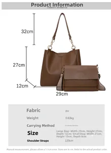 Detailed size chart for large PU leather tote and crossbody bag set with measurements