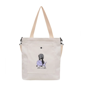 Minimalist off-white canvas tote bag with front pocket and anime girl illustration
