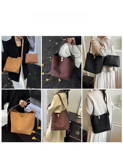 Sacs seau minimalistes en daim en trois couleurs portés par un mannequin au quotidien