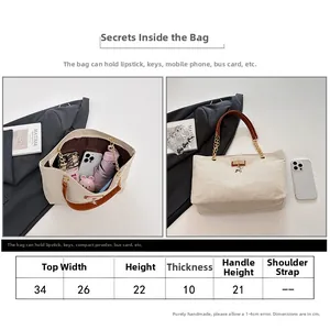 Detailed size chart for vintage tote bag with top width 34cm and handle height 21cm