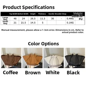 Size chart showing large and small PU leather tote bags dimensions and color options