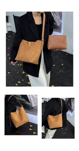 Vue détaillée du sac seau en daim marron avec fermoir tournant doré et pochette interne