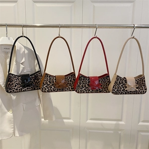 Leopard Print Baguette Bag PU Leather Fabric Shoulder Bag Retro Y2K Fashion Bowknot Magnetic Buckle Bag For Women