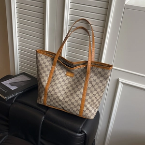 Large geometric print tote bag with brown leather trim for women daily commuting