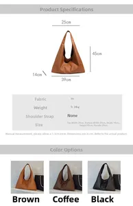 Detailed size chart and specifications for the minimalist large capacity PU leather tote bag