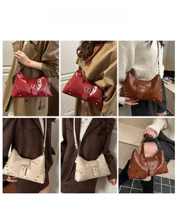 Collage of model carrying vintage rivet tote bags in red, brown and beige colors