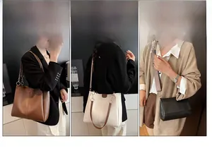 Three stylish leather tote bags shown in brown, white and black for versatile styling