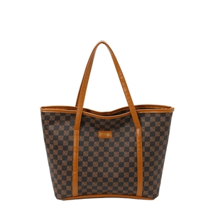 Classic brown checkerboard pattern tote bag with gold metal plaque and long shoulder handles