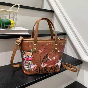 Sac fourre-tout marron avec motif graffiti d'ours de dessin animé et bandoulière réglable