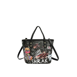 Sac fourre-tout noir avec graffitis de dessins animés colorés et détails dorés chic