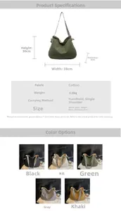 Detailed size chart and specifications for the corduroy tote bag with striped straps