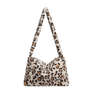 Winter faux fur leopard print square shoulder bag for women with soft plush texture