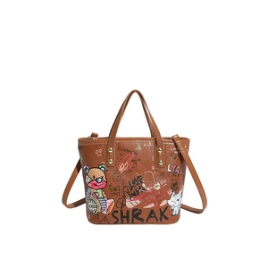 Sac fourre-tout graffiti marron avec ours, deux poignées et bandoulière réglable