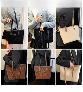 Collage of model wearing large leopard print tote bags in black, brown and beige colors