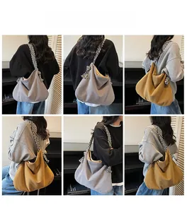 Detailed views of corduroy tote bags in grey and yellow with wide canvas shoulder straps